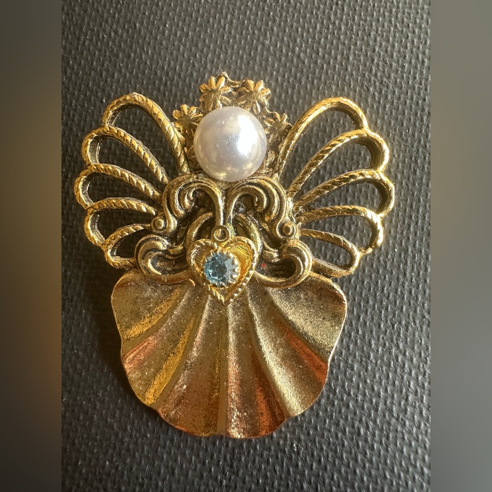 Vintage Rosemary Nelson Birthstone Angel Pin Brooch Aqua Rhinestone Faux Pearl